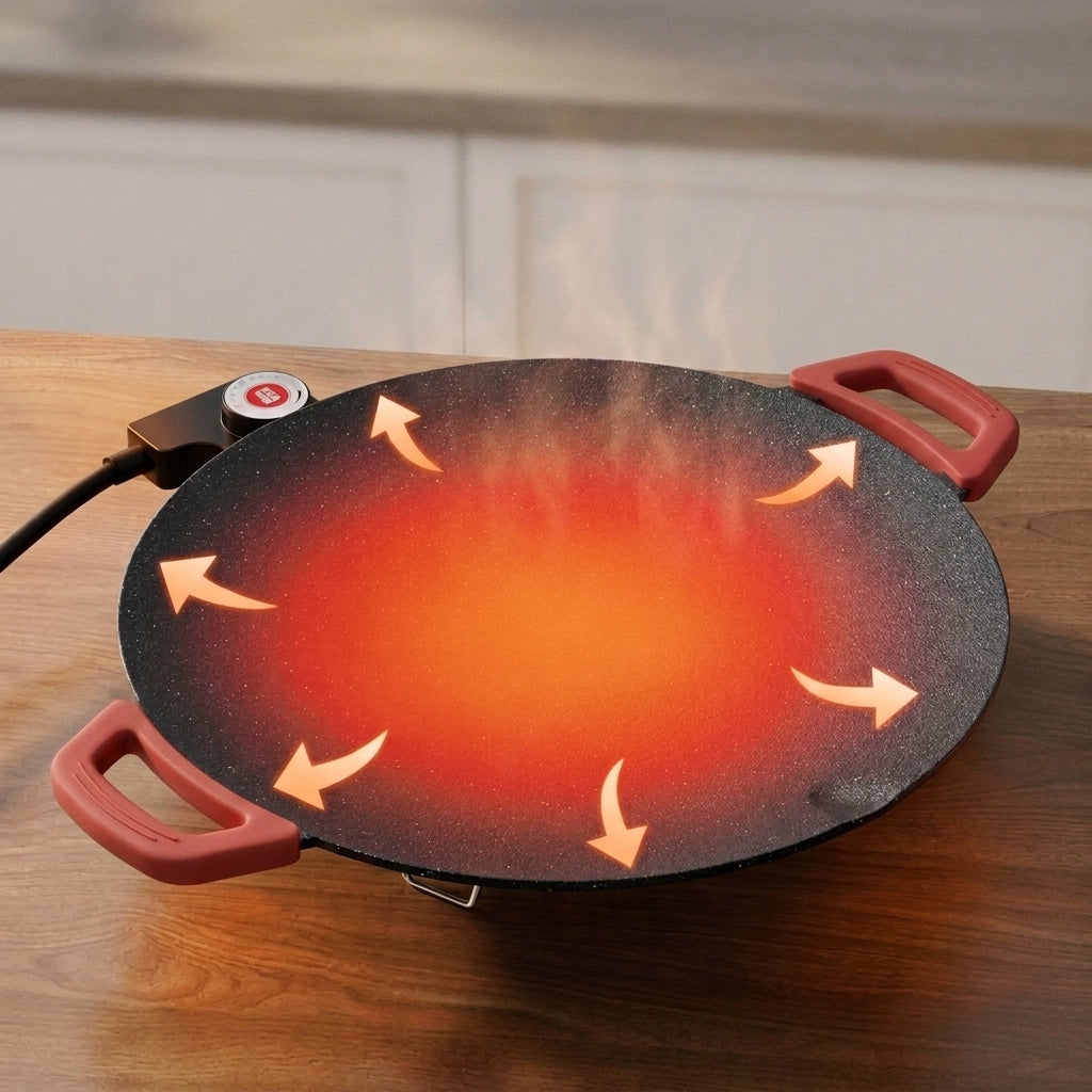 Peakest griddle pan showing hot inner searing zone and cooler outer warming ring