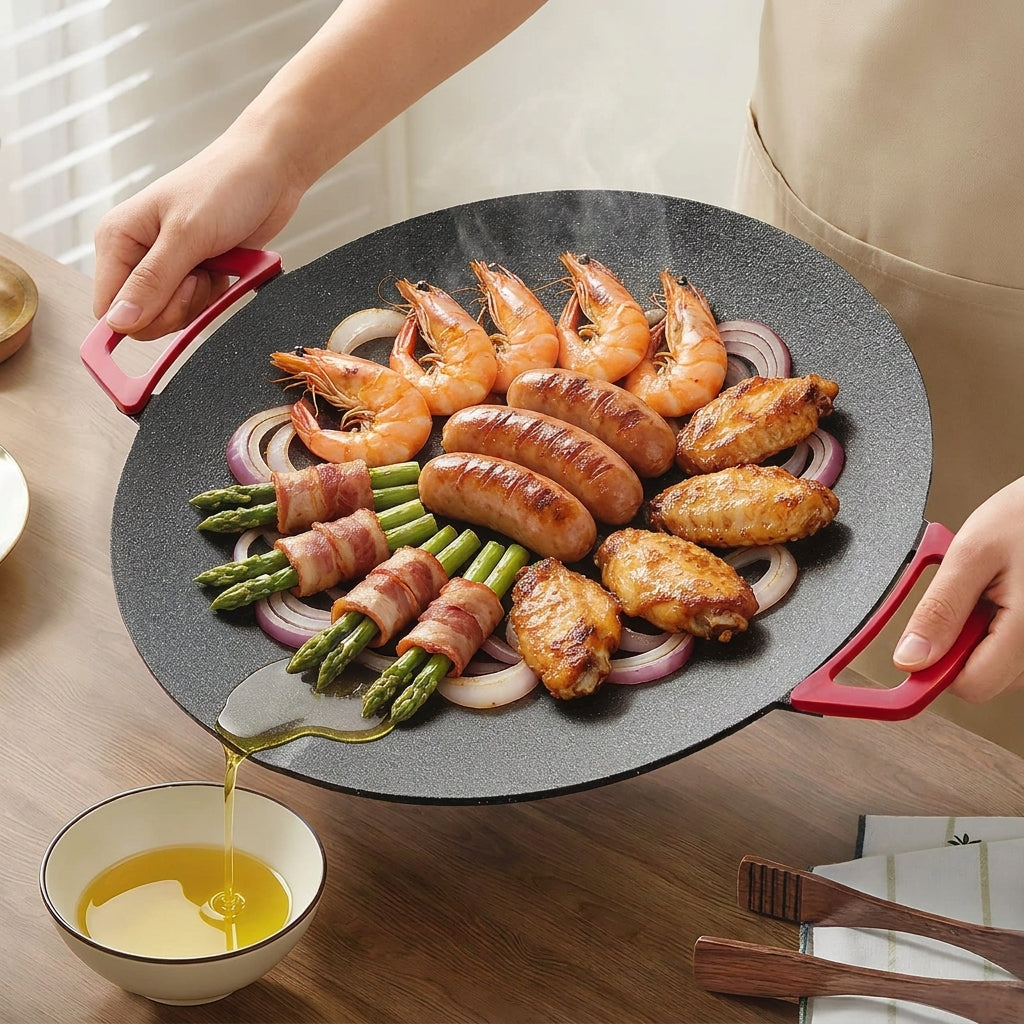Excess oil draining from the Peakest griddle spout into a bowl after grilling