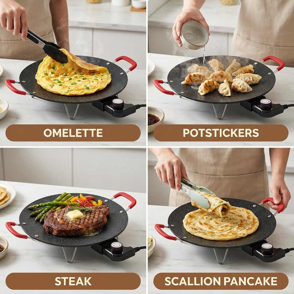 Four dishes cooked on the Peakest griddle — omelette, potstickers, steak, scallion pancake