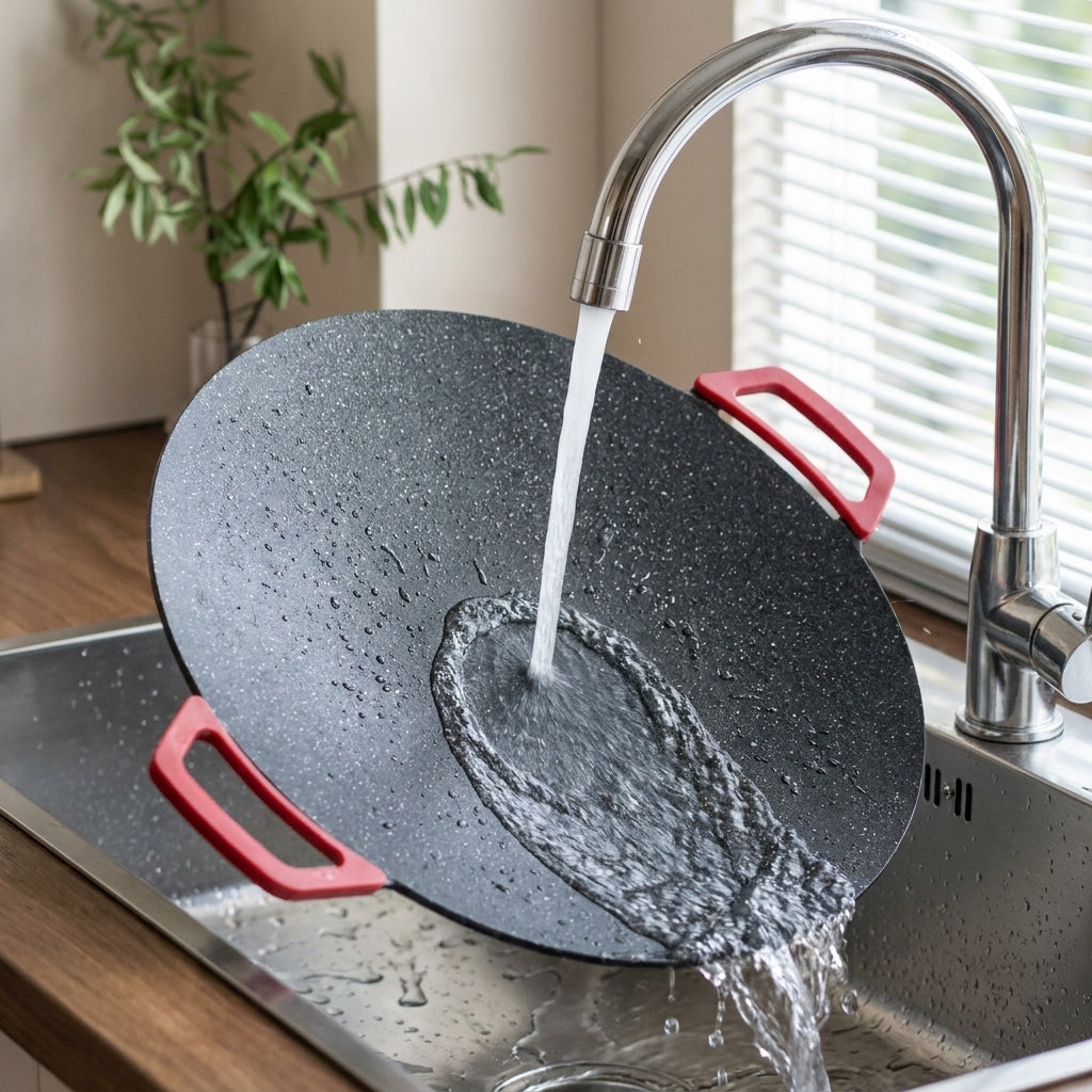 Peakest griddle plate being rinsed clean under a kitchen tap